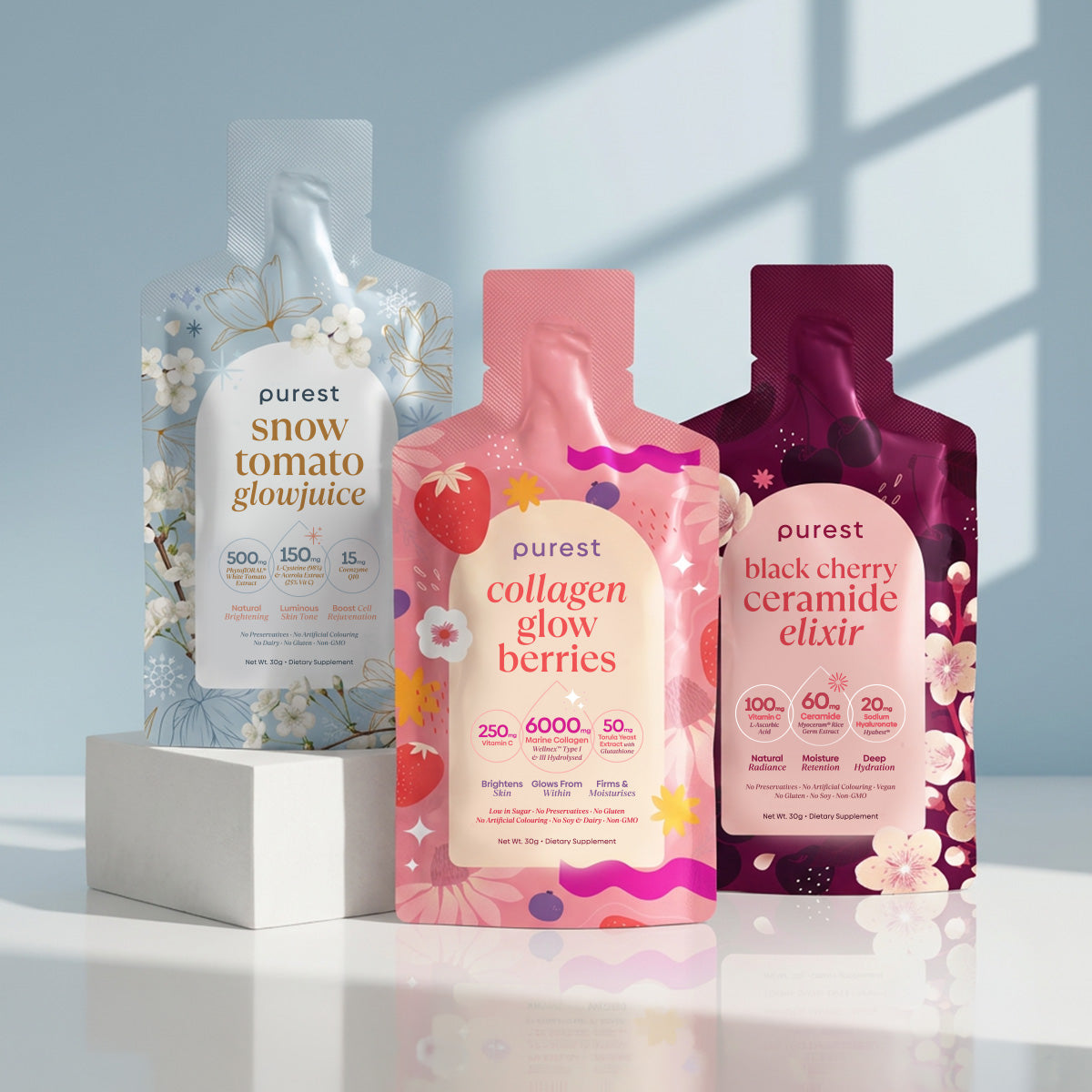 Skincare Trinity Bundle: Snow Tomato Glowjuice, Collagen Glow Berries and Black Cherry Ceramide Elixir