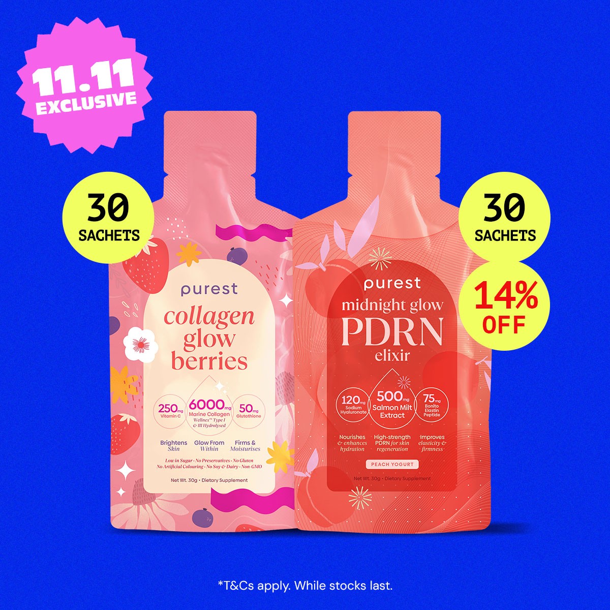 11.11 Special Bundle: Collagen Glow Berries and Midnight Glow PDRN Elixir, 30 sachets each, 14% off
