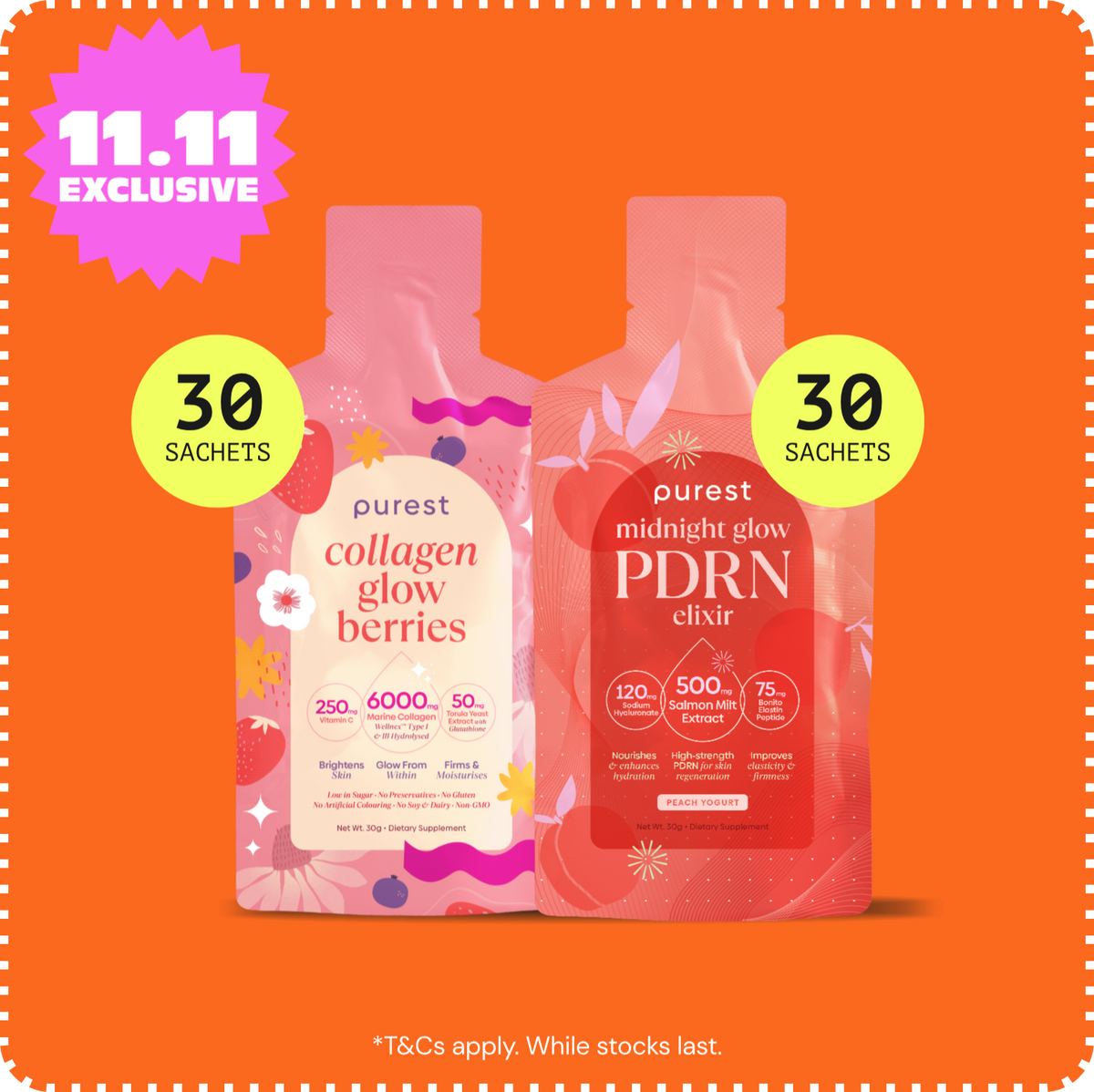11.11 Special Bundle: 30 sachets each of Collagen Glow Berries and Midnight Glow PDRN Elixir