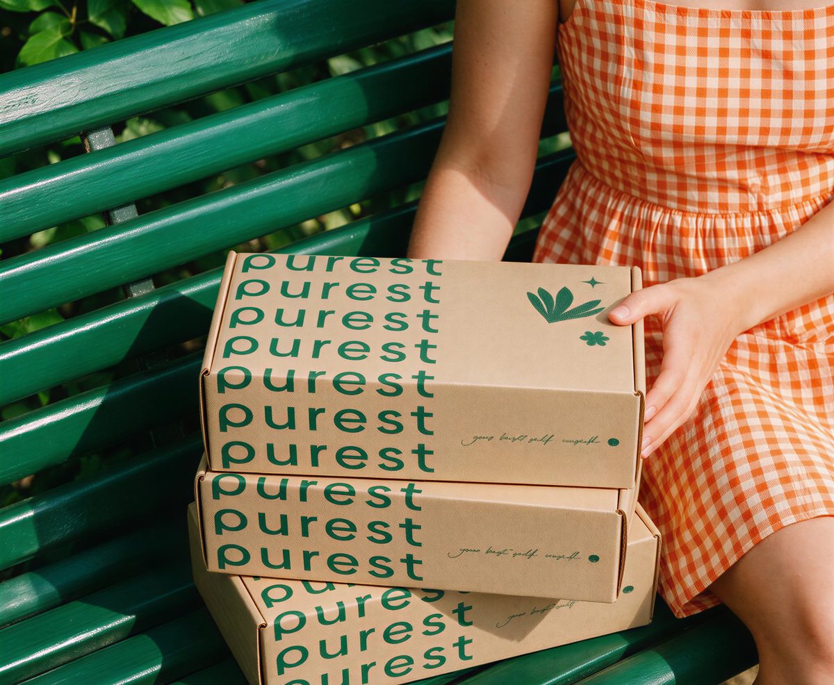 A shopper in a gingham dress holding a stack of Purest delivery boxes on a park bench