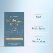 Skin Bright Thins benefits - brightens skin, helps fade dark spots, provides UV protection with 200mg liposomal L-glutathione oral thin strips