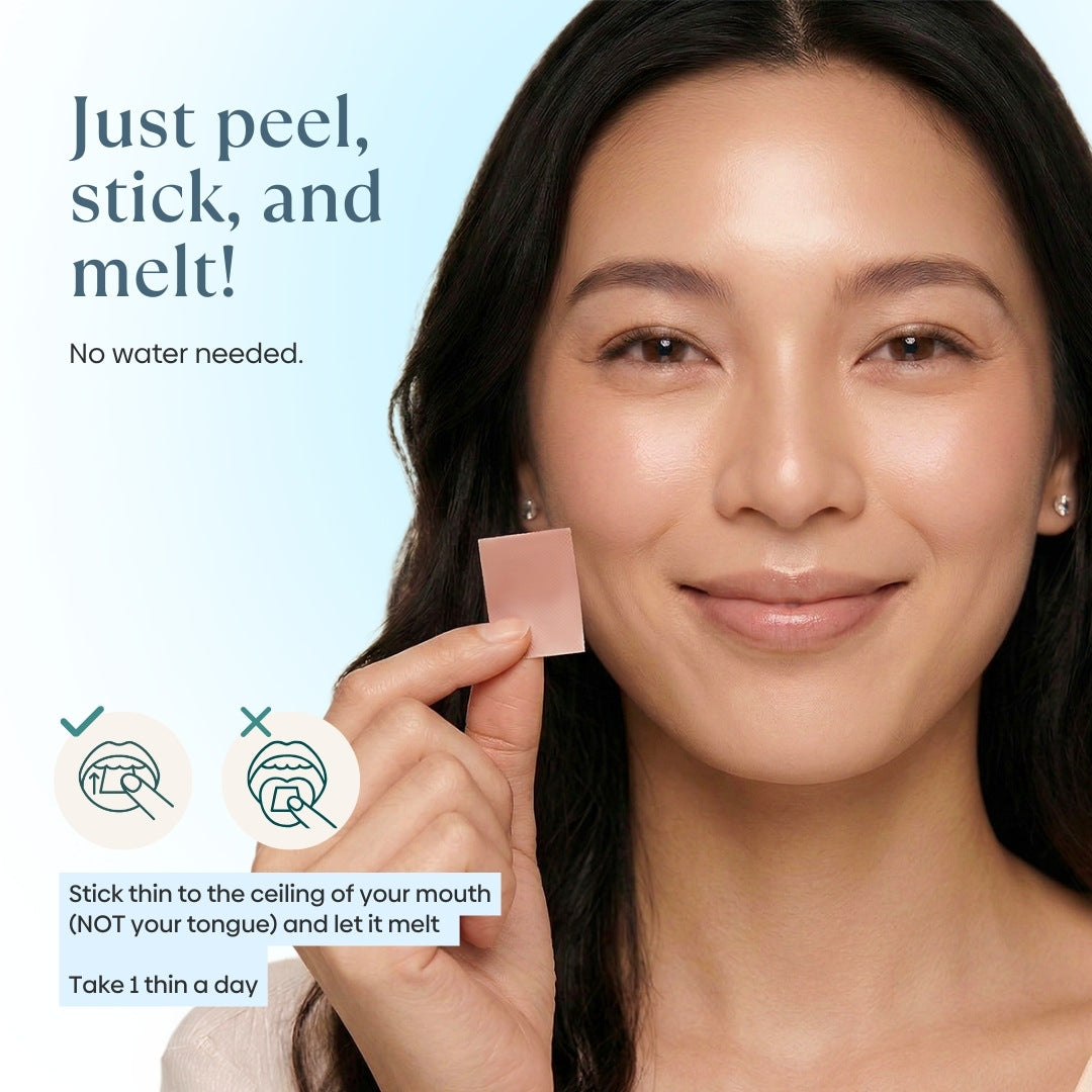 Woman holding Skin Bright Thins oral dissolving strip - just peel stick and melt, no water needed, take 1 thin a day on ceiling of mouth for glutathione skin brightening