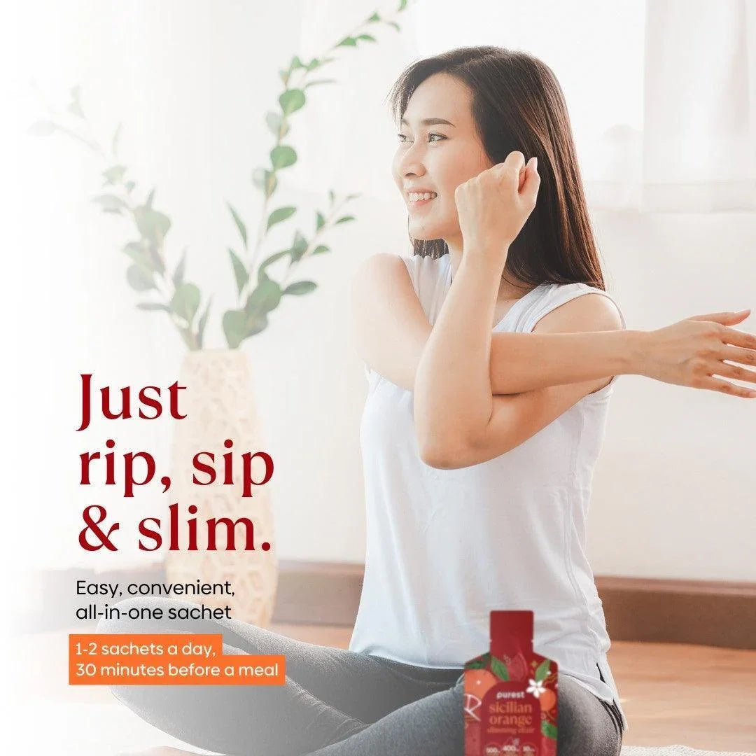 Woman enjoying Sicilian Orange Slimming Elixir - just rip sip and slim, easy convenient all-in-one sachet taken 1-2 times daily 30 minutes before a meal