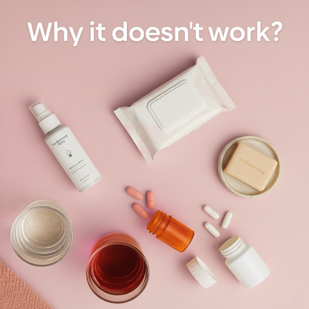 Common feminine products like wipes, soaps, and pills that only cover up odor and infections without solving the root cause.