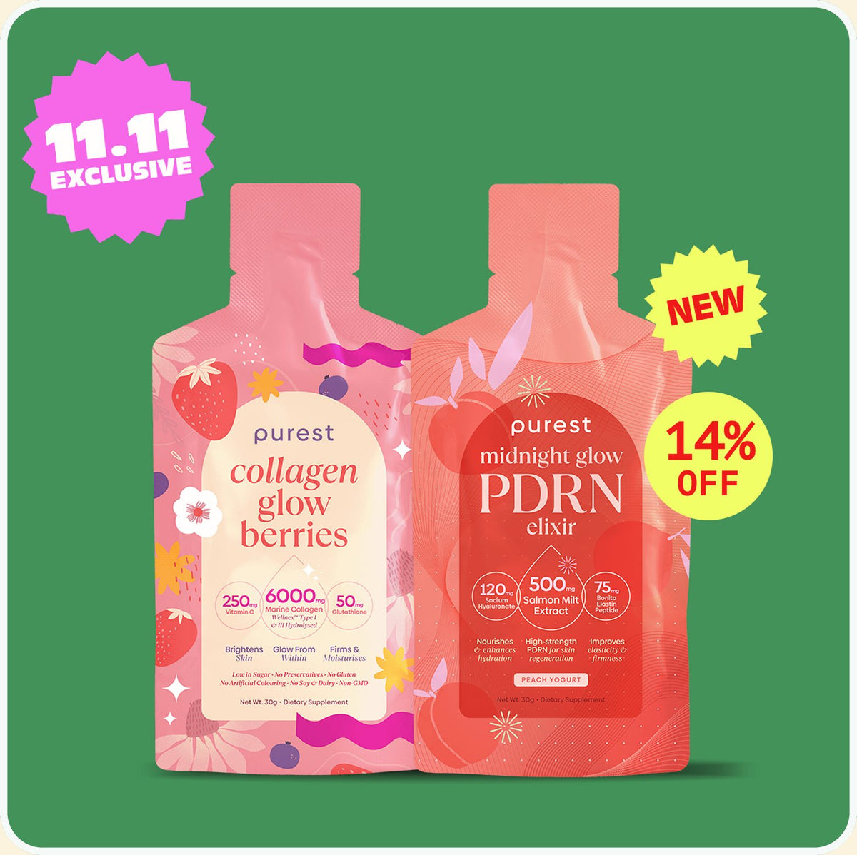 11.11 Special Bundle: 30 sachets each of Collagen Glow Berries and Midnight Glow PDRN Elixir