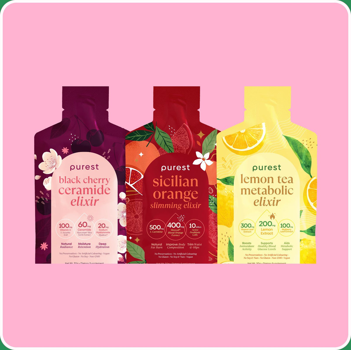$11 Flash Deal: Black Cherry Ceramide Elixir, Sicilian Orange Slimming Elixir and Lemon Tea Metabolic Elixir sachets