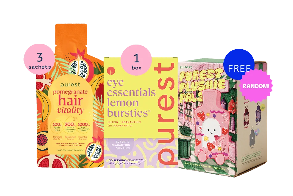 3 Pomegranate Hair Vitality sachets, a box of Eye Essentials Lemon Bursties and a Purest Plushie Pals blind box