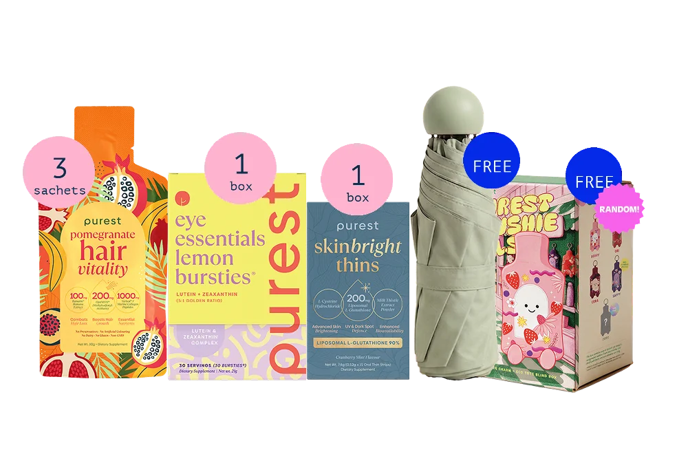 Pomegranate Hair Vitality sachets, Eye Essentials Lemon Bursties, SkinBright Thins, a Purest Plushie Pals blind box and the Purest Mini Umbrella