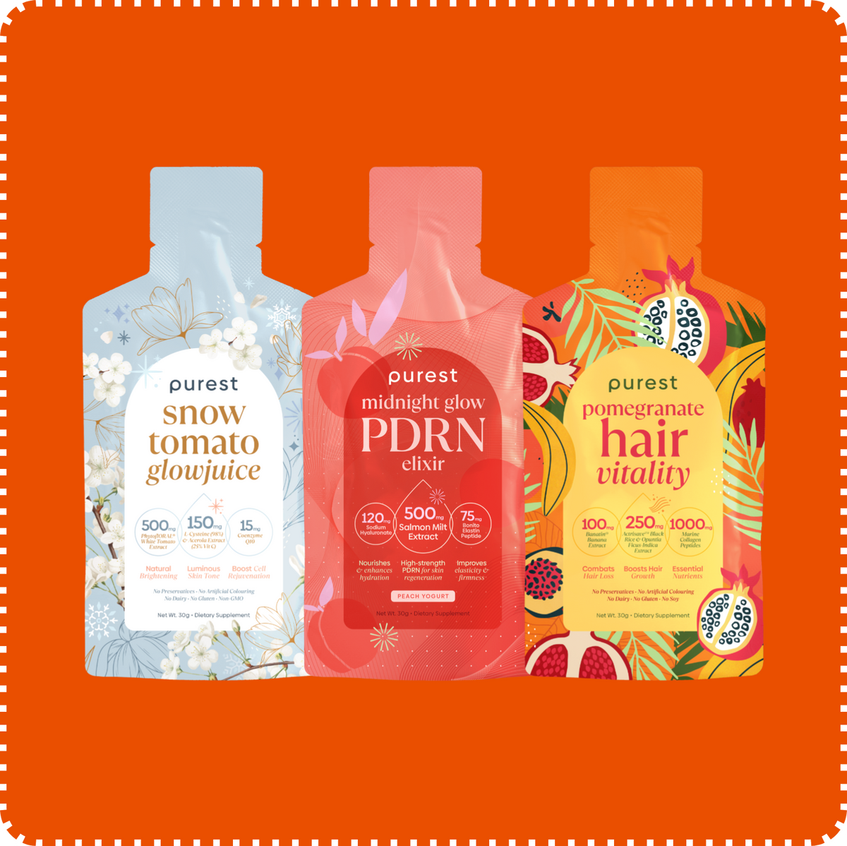 $11 Flash Deal: Snow Tomato Glowjuice, Midnight Glow PDRN Elixir and Pomegranate Hair Vitality sachets
