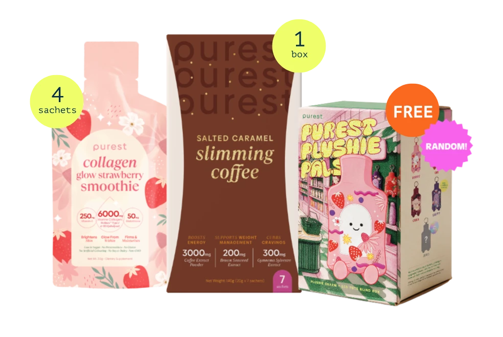 Collagen Glow Strawberry Smoothie sachets, a box of Salted Caramel Slimming Coffee and a Purest Plushie Pals blind box