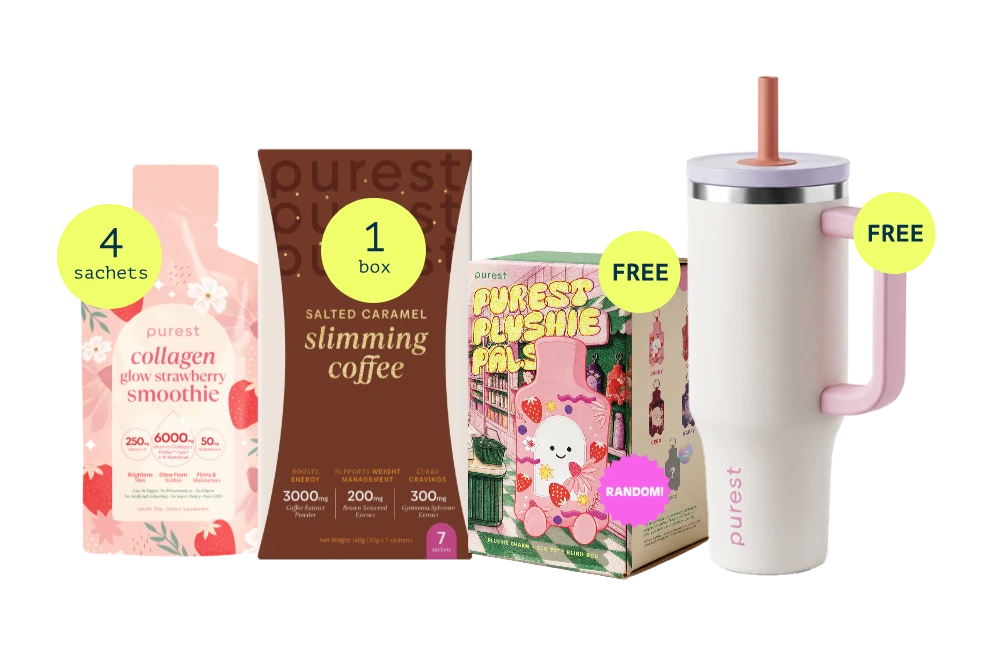 Collagen Glow Strawberry Smoothie sachets, Salted Caramel Slimming Coffee, a Purest Plushie Pals blind box and the Purest Insulated Tumbler