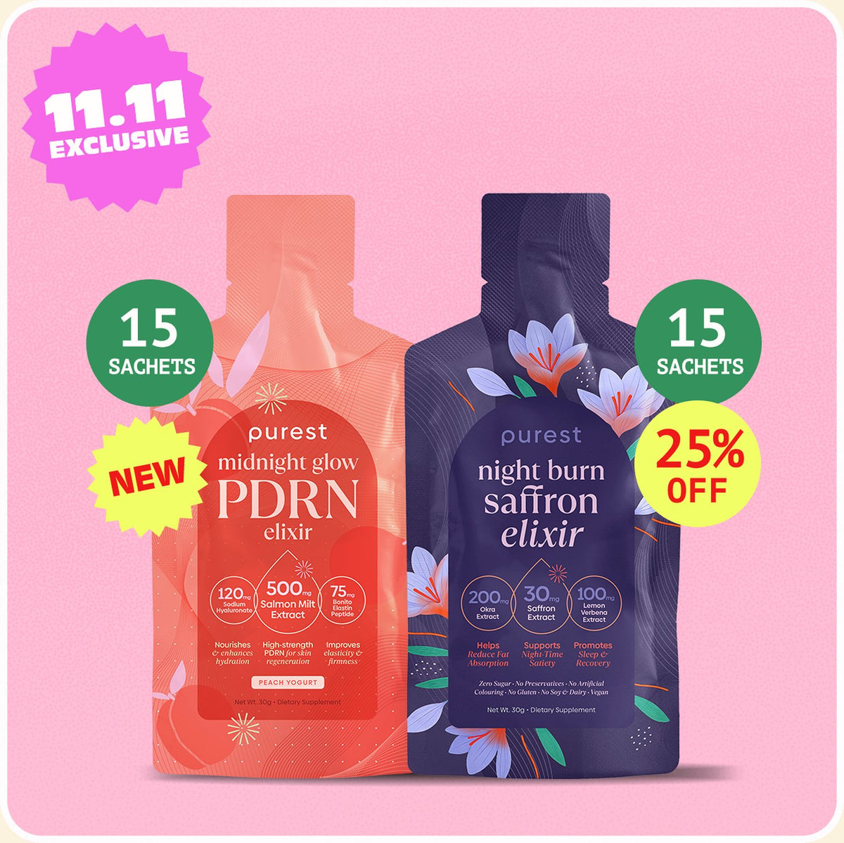 Midnight Glow PDRN Elixir and Night Burn Saffron Elixir, 15 sachets each