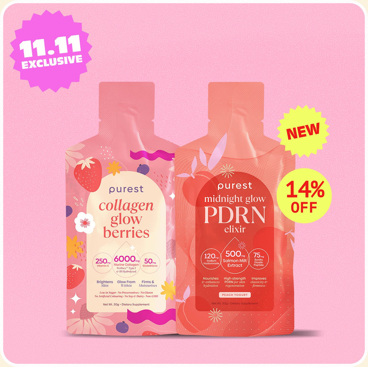 Collagen Glow Berries and Midnight Glow PDRN Elixir, 30 sachets each