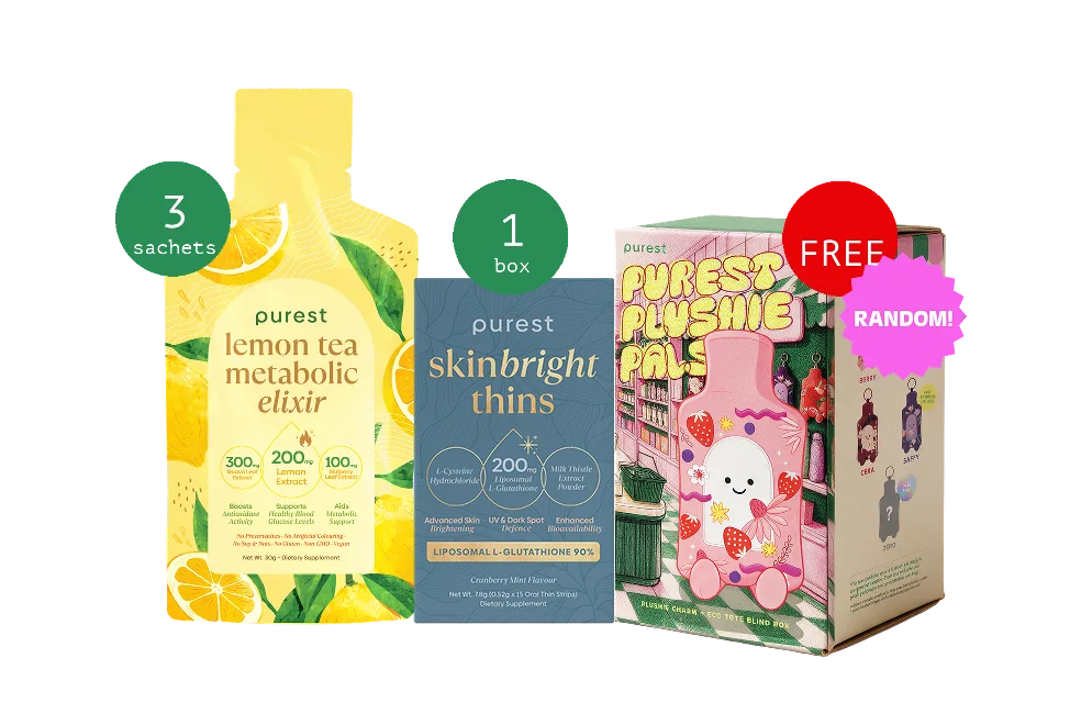 3 Lemon Tea Metabolic Elixir sachets, a box of SkinBright Thins and a Purest Plushie Pals blind box