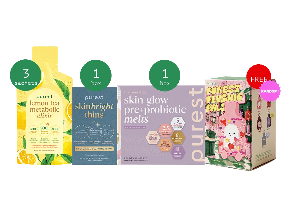 Lemon Tea Metabolic Elixir sachets, SkinBright Thins, Skin Glow Pre+Probiotic Melts and a Purest Plushie Pals blind box