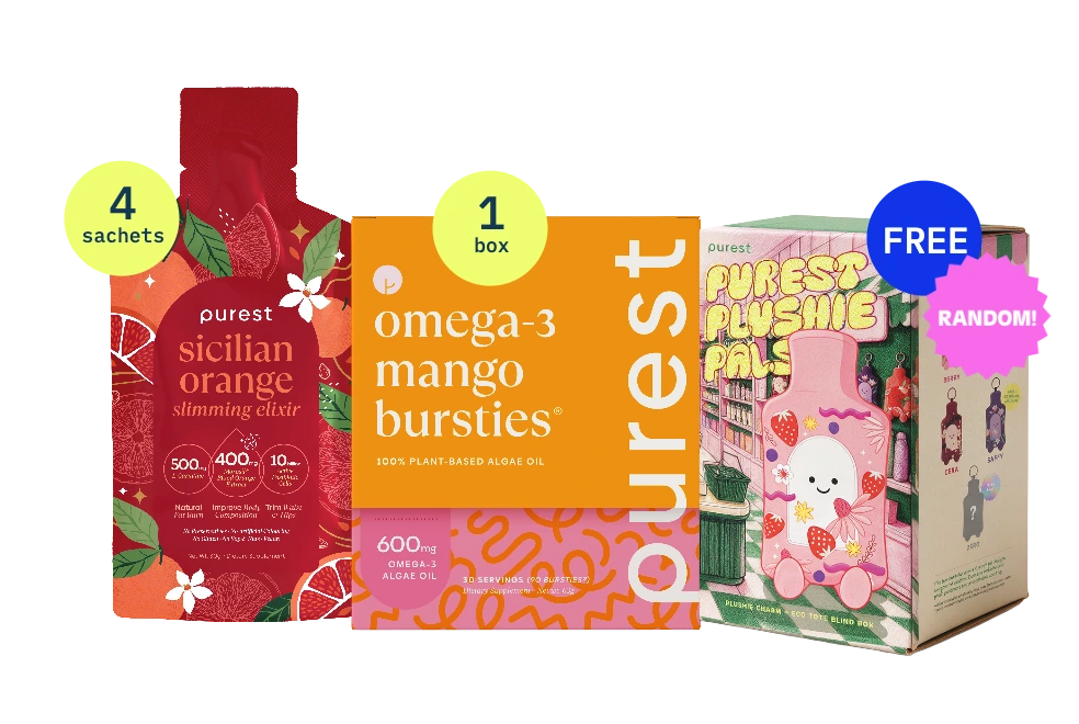 4 Sicilian Orange Slimming Elixir sachets, a box of Omega-3 Mango Bursties and a Purest Plushie Pals blind box