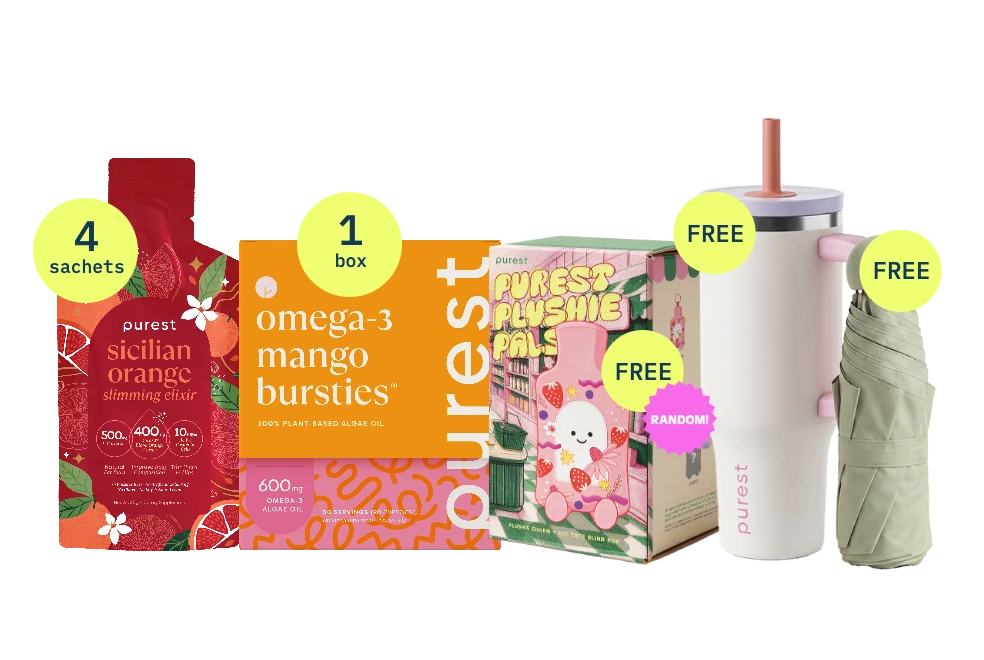 Sicilian Orange Slimming Elixir sachets, Omega-3 Mango Bursties, a Purest Plushie Pals blind box, the Purest Insulated Tumbler and the Purest Mini Umbrella