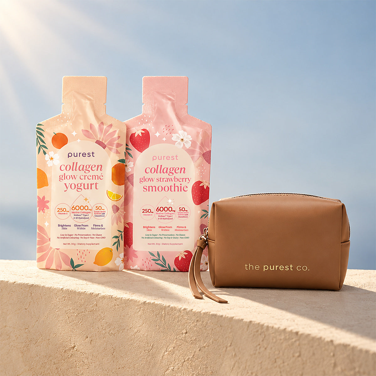 Collagen Glow Creme Yogurt and Collagen Glow Strawberry Smoothie, 15 sachets each, with a free Purest Pouch